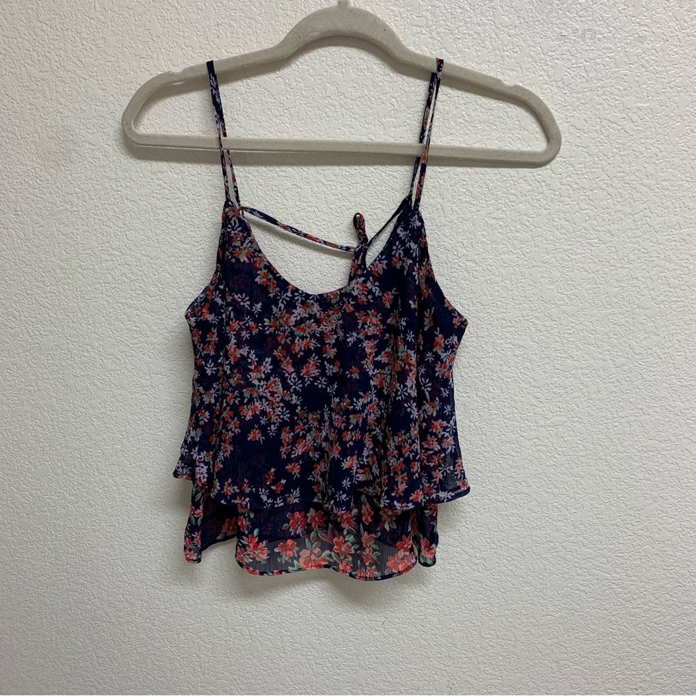 Express blue and red spaghetti string tiered ruffle cropped tank top size S